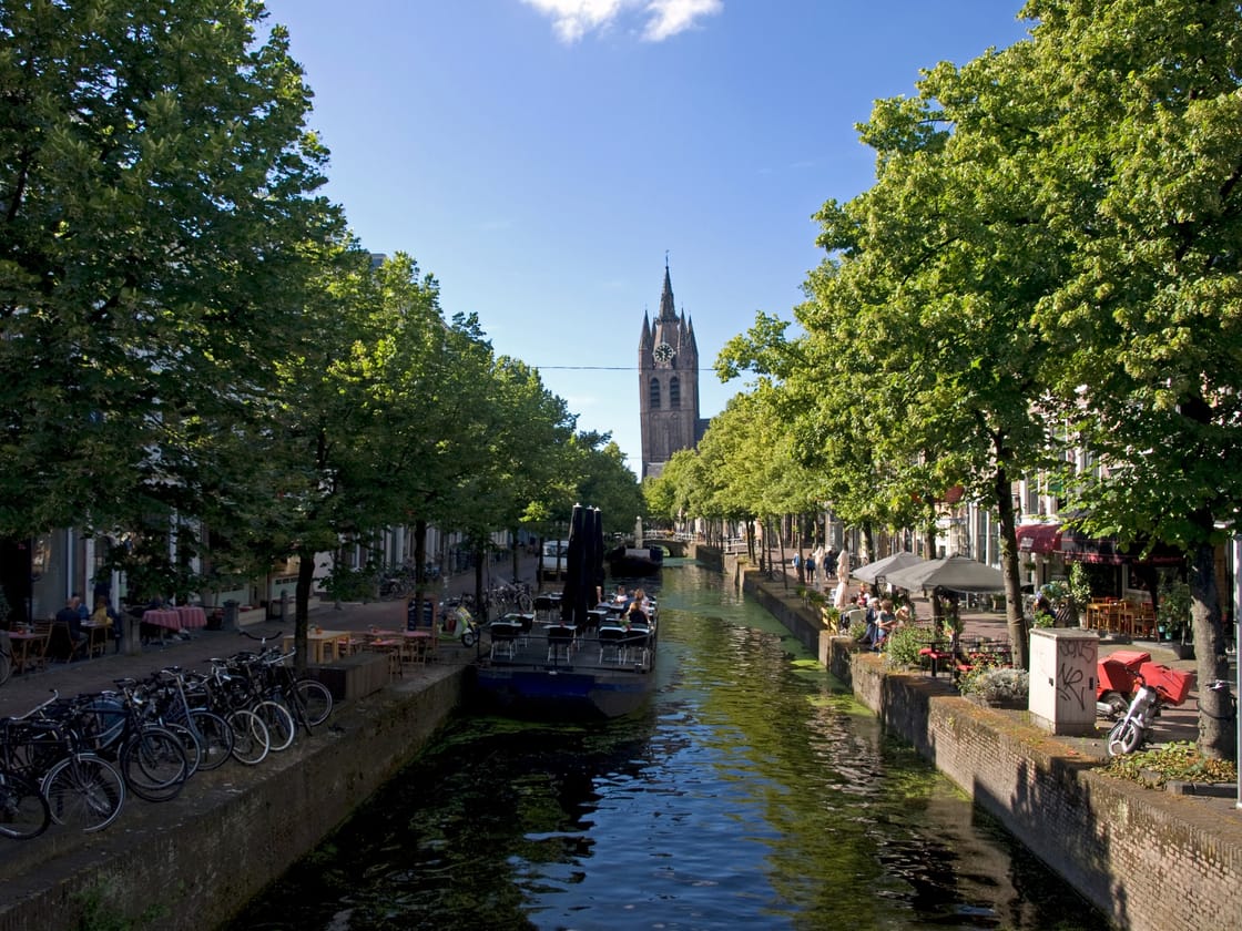 Oude Delft met gracht, bomen en kerktoren